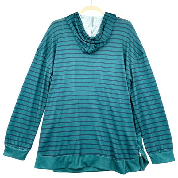 LUUKSE Green Blue Stripes Drawstring Hood Kangaroo Pocket Hoodie Womens 1X - Picture 3 of 7